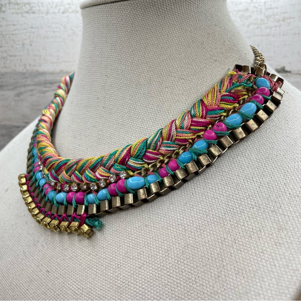 Beautiful Unsigned Colorful Knit Collar Bib Rhinestone Beaded Necklace - Picture 2 of 5